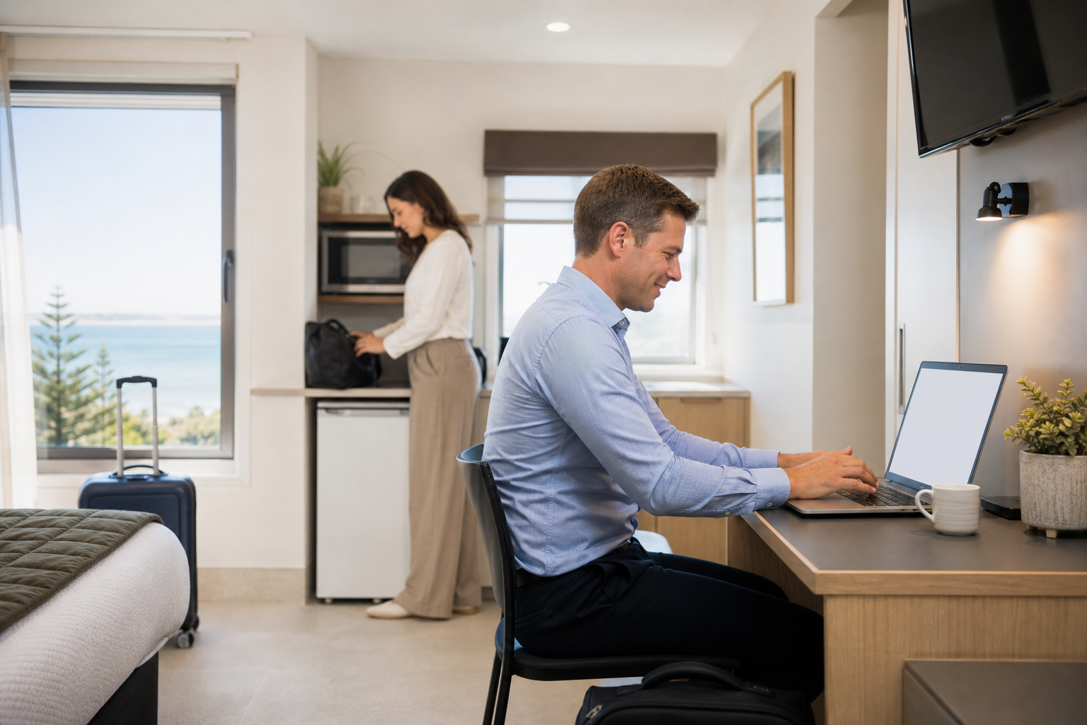 Business travellers working in a self-contained motel room