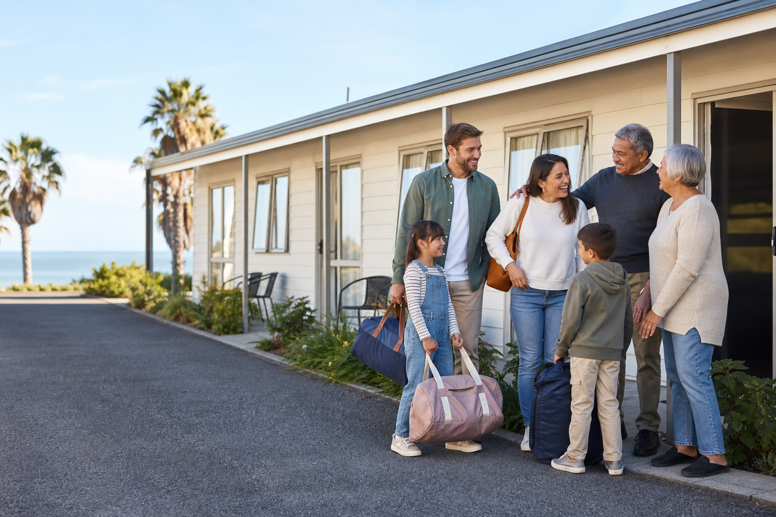 Family arriving at a Gisborne motel for a beach holiday