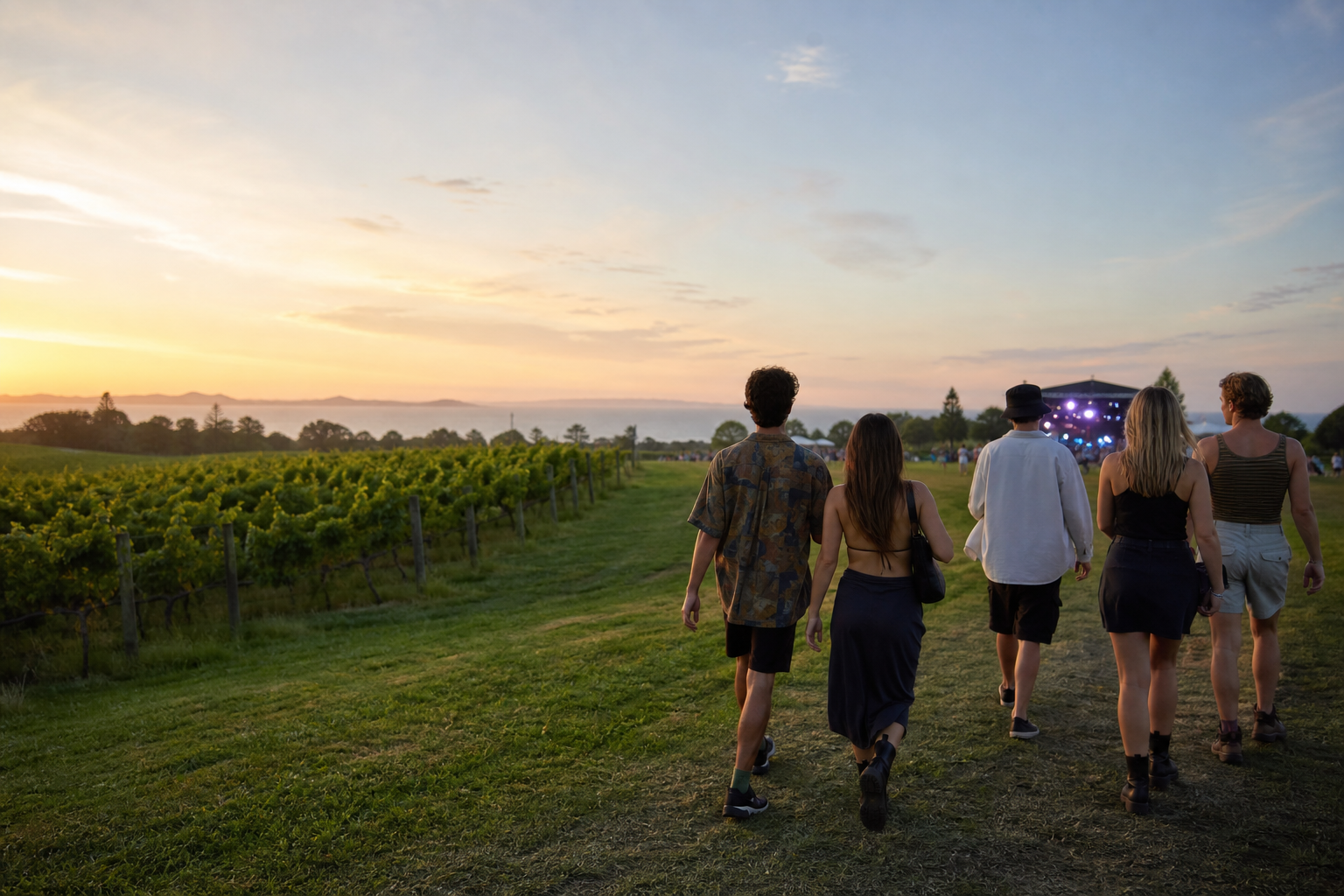 Friends walking through vineyards towards a music festival at sunrise